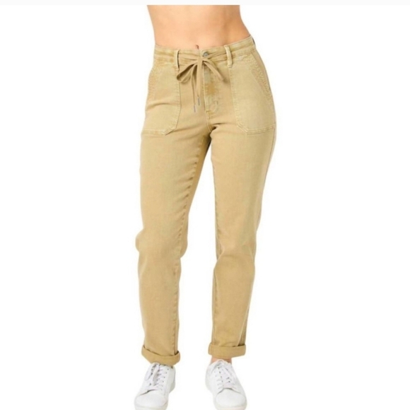 Judy Blue Jeans Khaki Joggers Tan  Tie Waist Deep Pockers 11/30 - Picture 1 of 10
